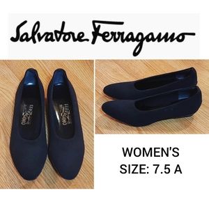 SALVATORE FERRAGAMO Black Nella Neoprene Nylon Wedge Flats Size 7.5 A